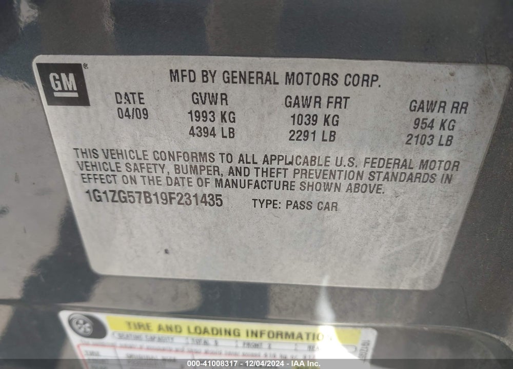 2009 CHEVROLET MALIBU LS VIN: 1G1ZG57B19F231435