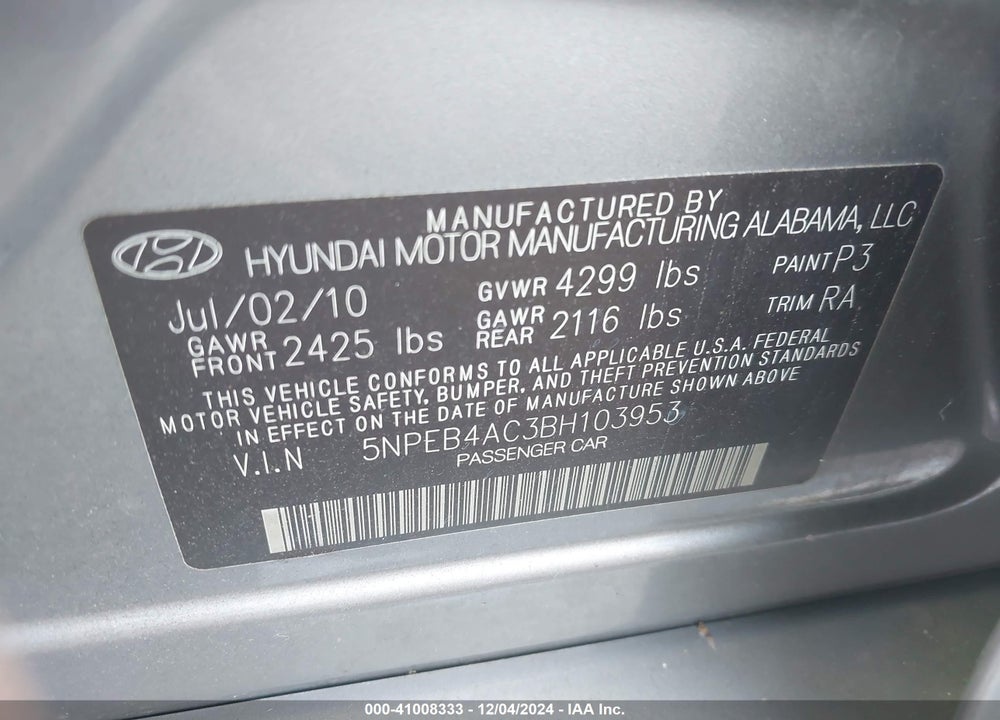 2011 HYUNDAI SONATA GLS VIN: 5NPEB4AC3BH103953