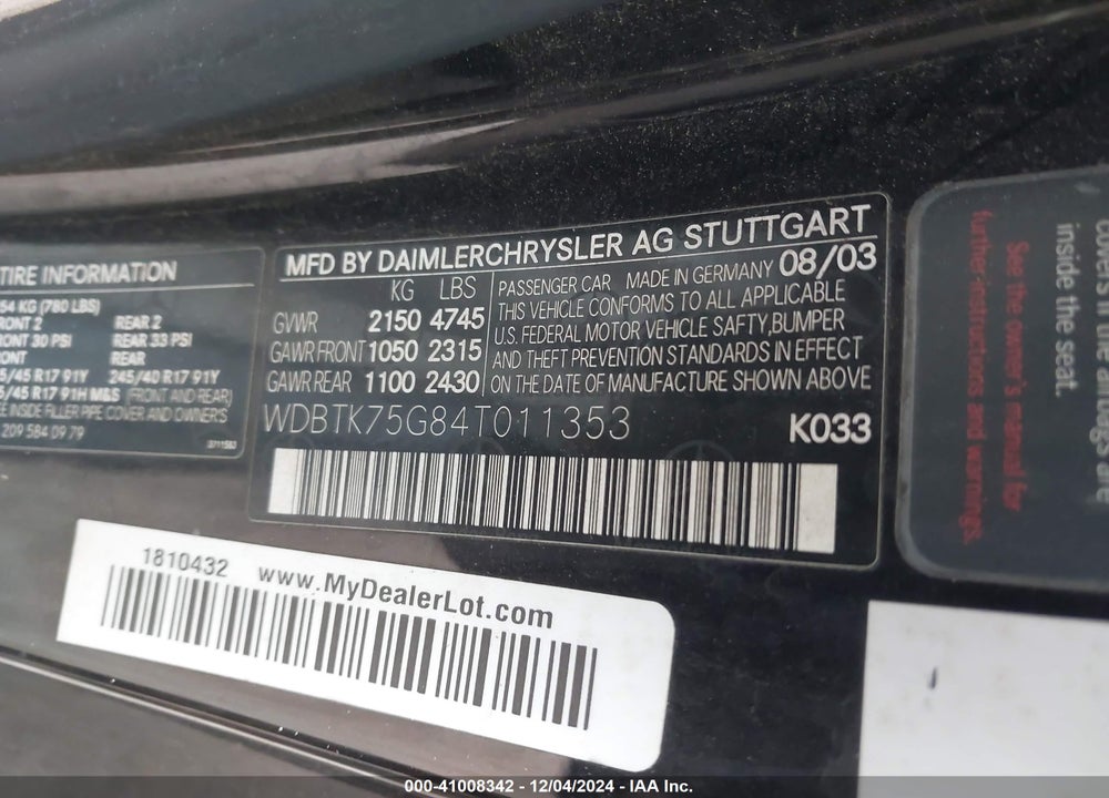 2004 MERCEDES-BENZ CLK 500 VIN: WDBTK75G84T011353