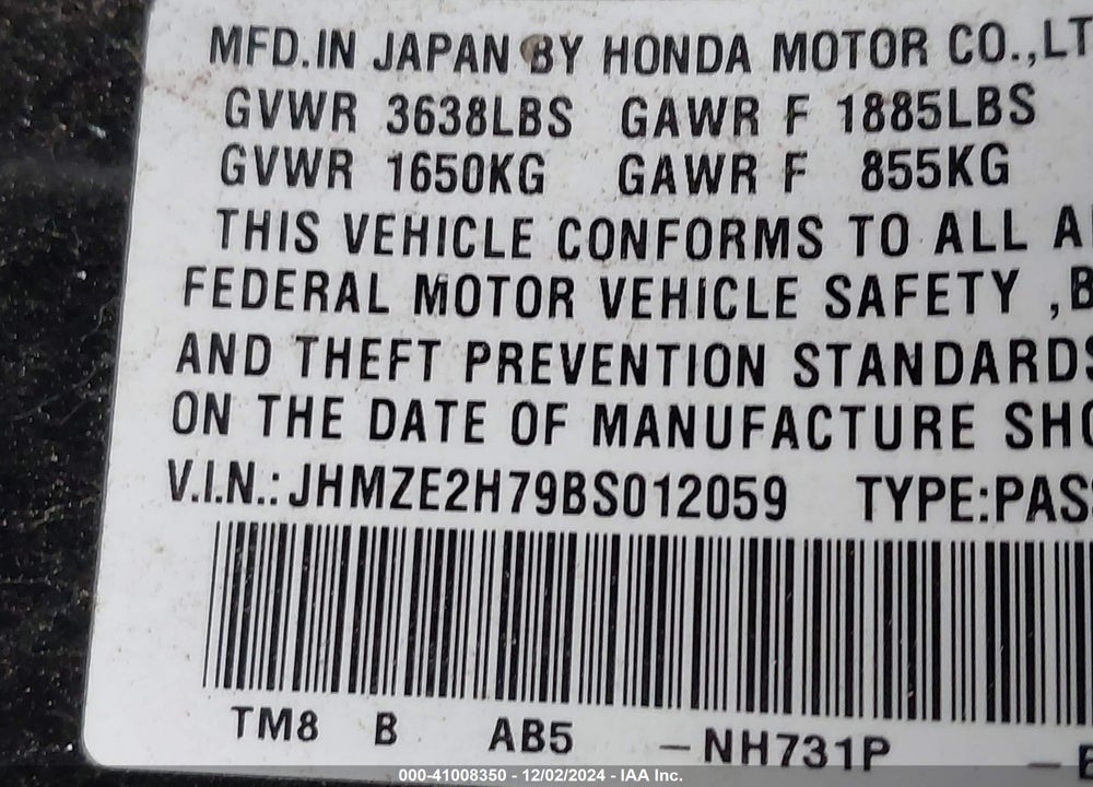 2011 HONDA INSIGHT EX VIN: JHMZE2H79BS012059