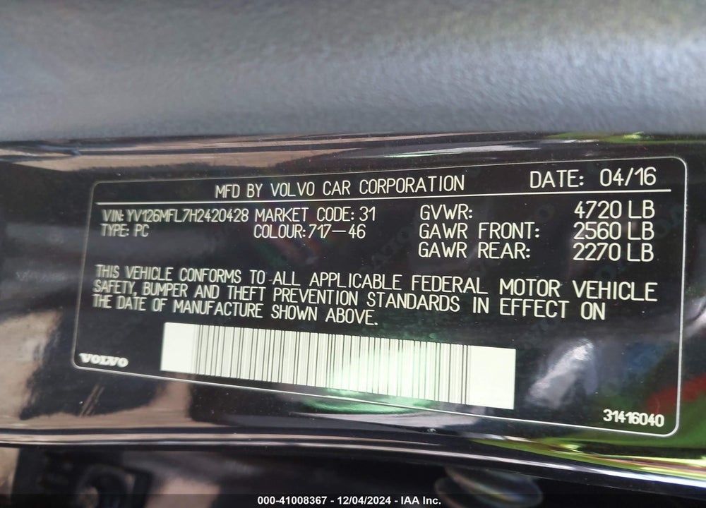 2017 VOLVO S60 VIN: YV126MFL7H2420428