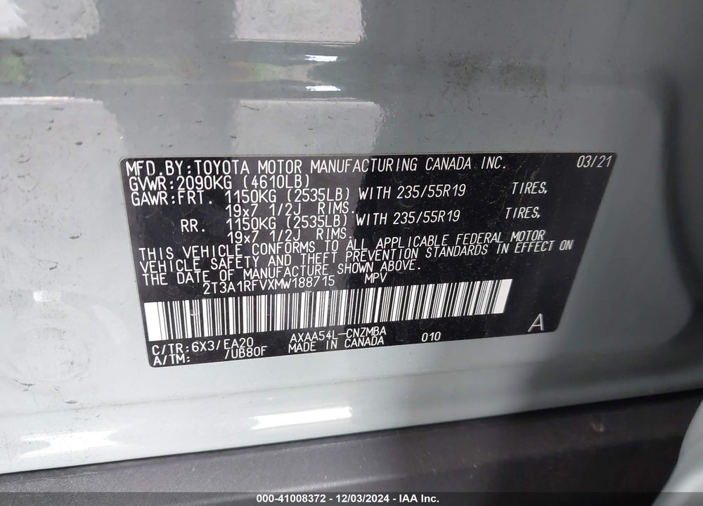 2021 TOYOTA RAV4 XLE PREMIUM VIN: 2T3A1RFVXMW188715