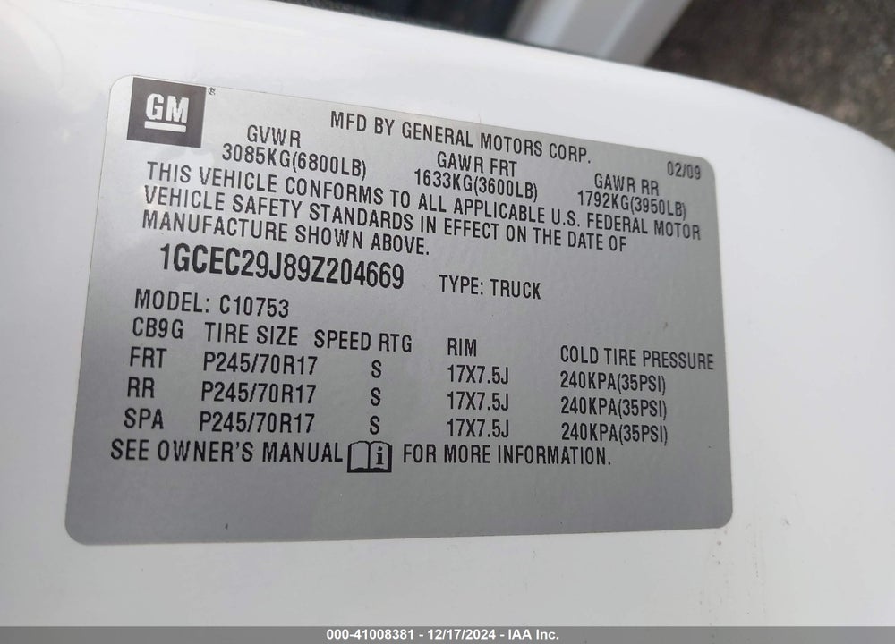 2009 CHEVROLET SILVERADO 1500 VIN: 1GCEC29J89Z204669