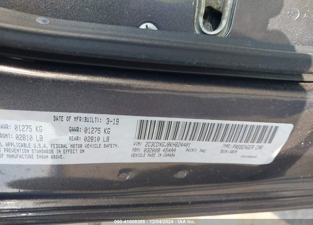2019 DODGE CHARGER VIN: 2C3CDXGJ8KH624401