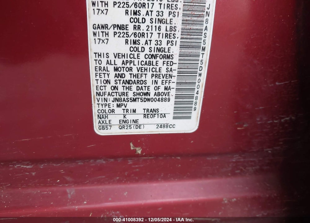 2013 NISSAN ROGUE SV VIN: JN8AS5MT5DW004889