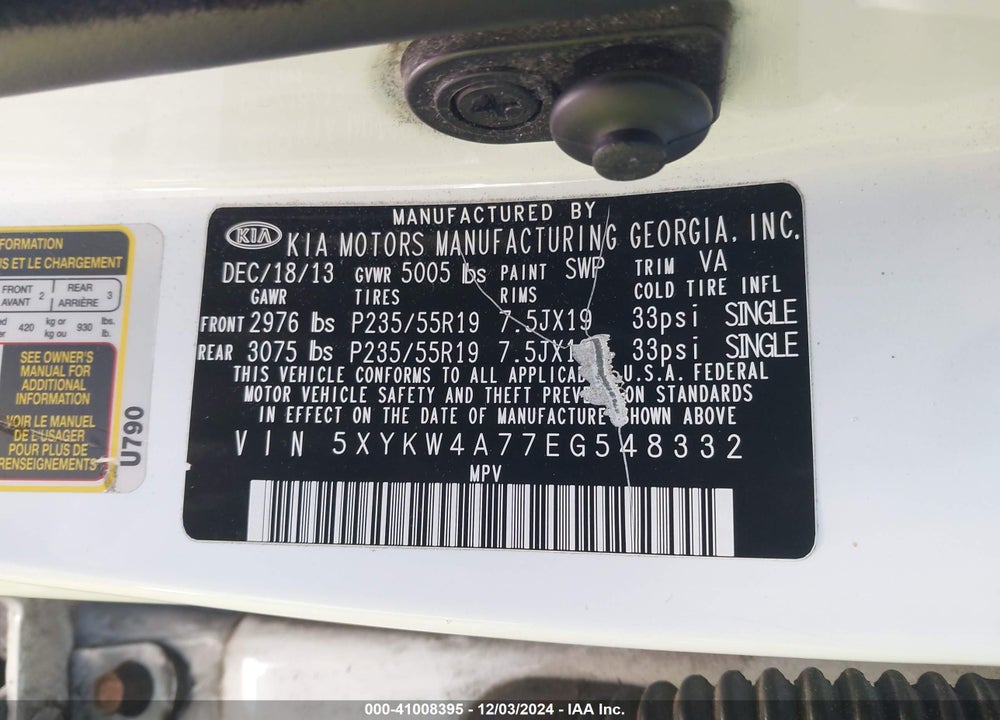 2014 KIA SORENTO LIMITED V6 VIN: 5XYKW4A77EG548332