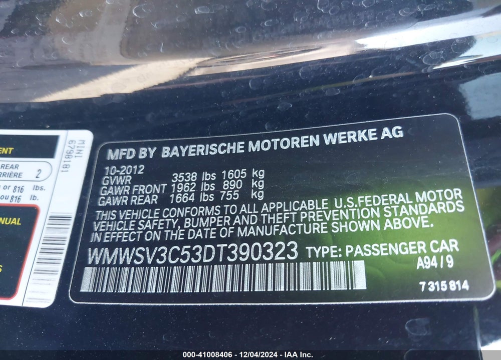 2013 MINI HARDTOP VIN: WMWSV3C53DT390323