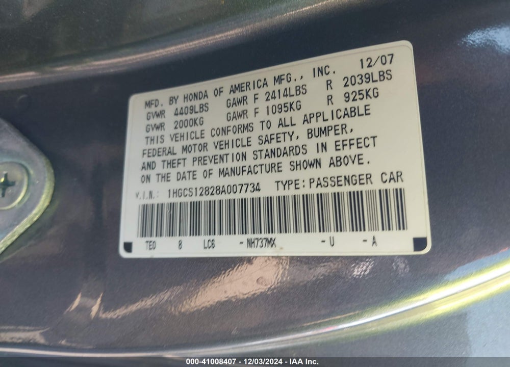 2008 HONDA ACCORD 2.4 EX-L VIN: 1HGCS12828A007734