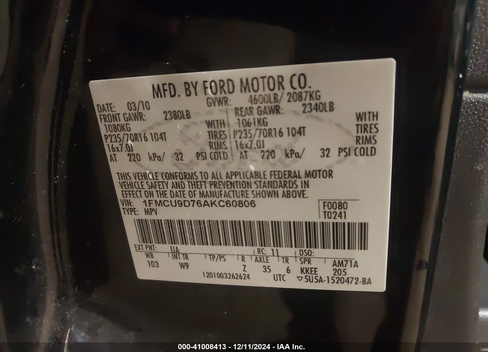 2010 FORD ESCAPE XLT VIN: 1FMCU9D76AKC60806
