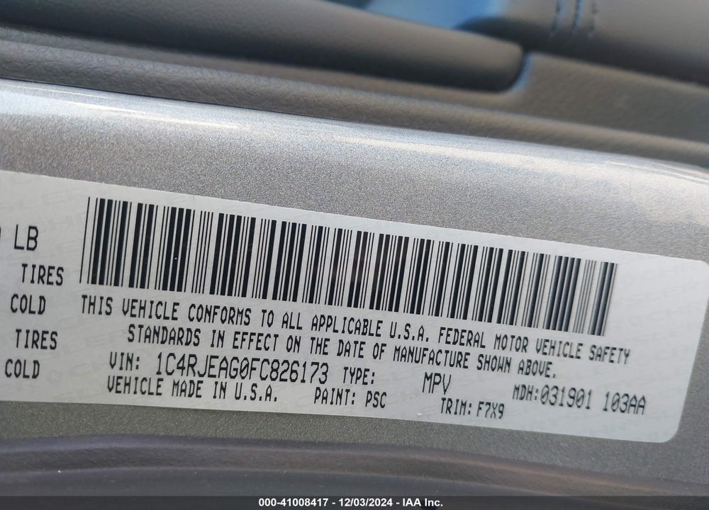 2015 CHEROKEE JEEP GRAND  LAREDO VIN: 1C4RJEAG0FC826173
