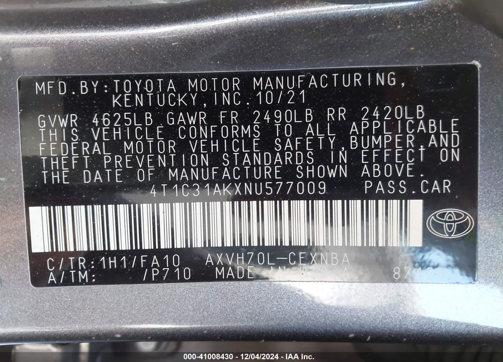 2022 TOYOTA CAMRY LE HYBRID VIN: 4T1C31AKXNU577009
