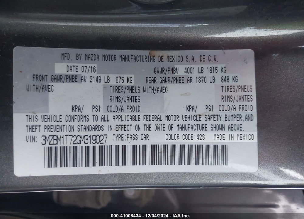 2016 MAZDA 3 I SPORT VIN: 3MZBM1T72GM319027