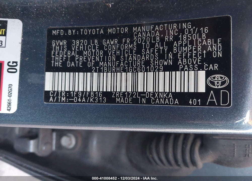 2016 TOYOTA COROLLA LE VIN: 2T1BURHE1GC601029