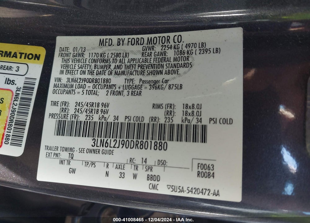 2013 LINCOLN MKZ VIN: 3LN6L2J90DR801880