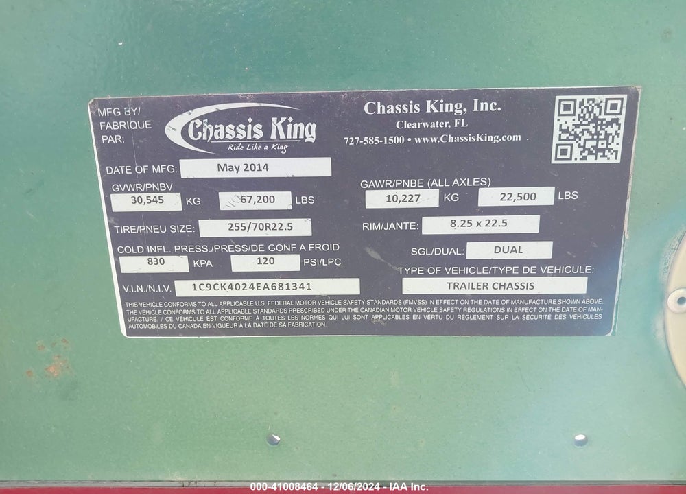 2014 CHASSIS KING LLC TRAILER VIN: 1C9CK4024EA681341
