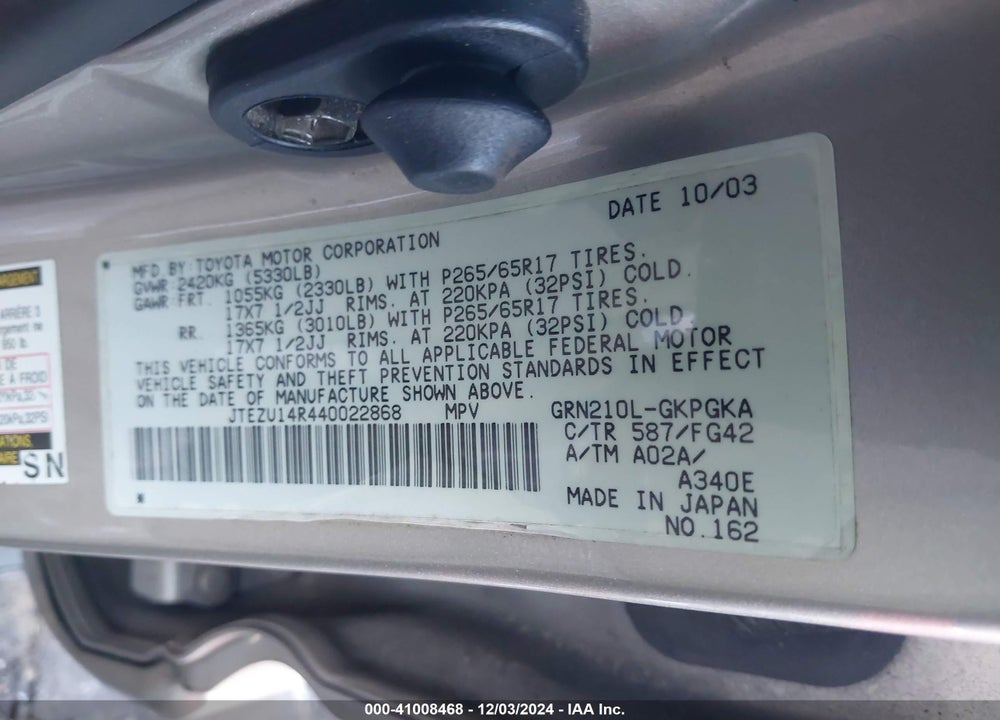 2004 TOYOTA 4RUNNER SR5 V6 VIN: JTEZU14R440022868