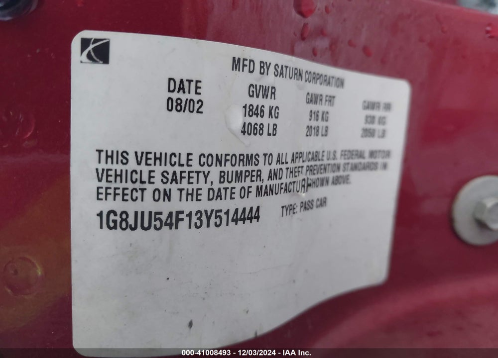 2003 SATURN L-SERIES L200 VIN: 1G8JU54F13Y514444