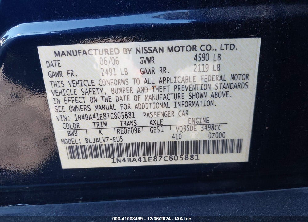 2007 NISSAN MAXIMA 3.5 SE VIN: 1N4BA41E87C805881
