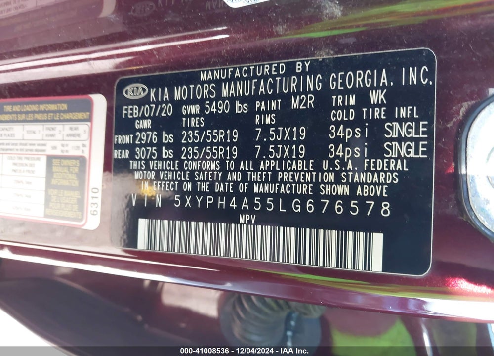 2020 KIA SORENTO 3.3L EX VIN: 5XYPH4A55LG676578