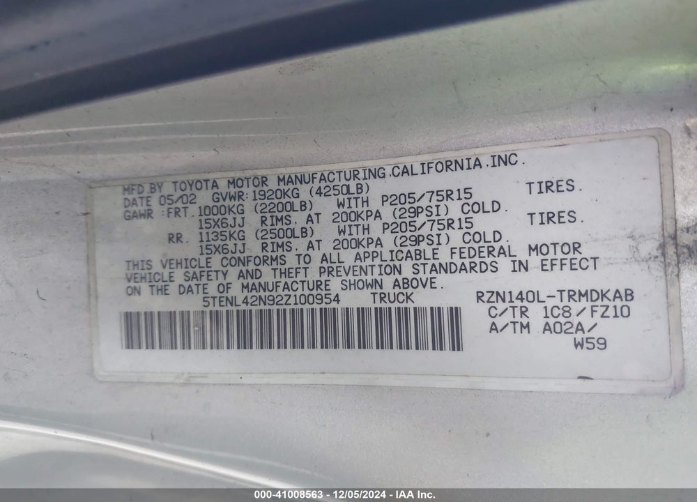 2002 TOYOTA TACOMA VIN: 5TENL42N92Z100954