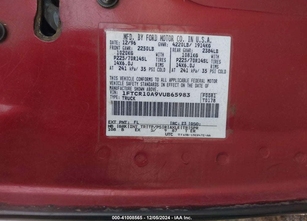 1997 FORD RANGER SPLASH/XL/XLT VIN: 1FTCR10A9VUB65983