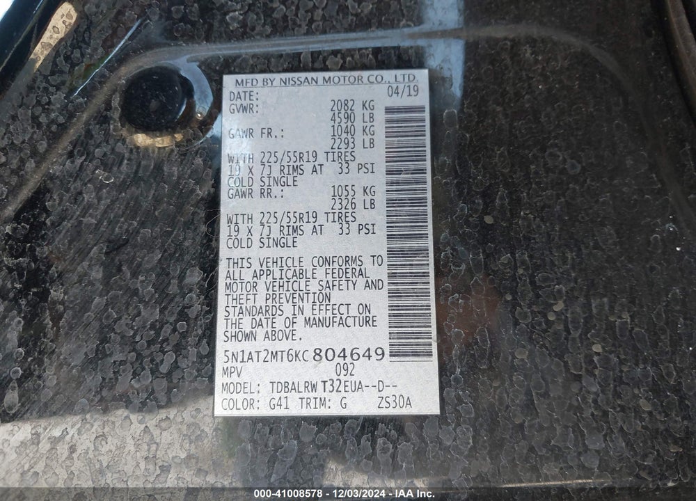 2019 NISSAN ROGUE SL VIN: 5N1AT2MT6KC804649