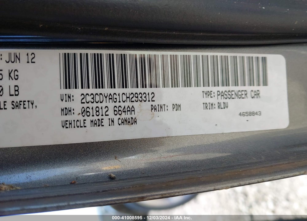 2012 DODGE CHALLENGER VIN: 2C3CDYAG1CH293312