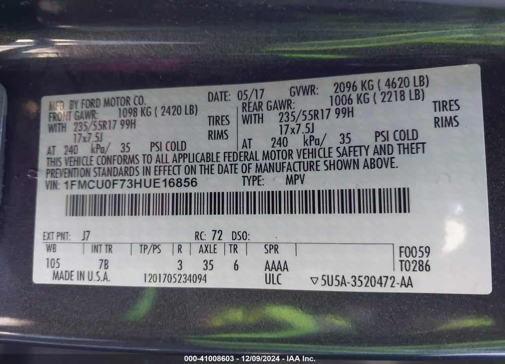 2017 FORD ESCAPE S VIN: 1FMCU0F73HUE16856