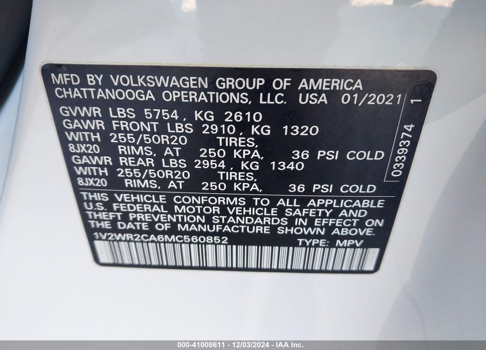 2021 VOLKSWAGEN ATLAS 3.6L V6 SE W/TECHNOLOGY VIN: 1V2WR2CA6MC560852