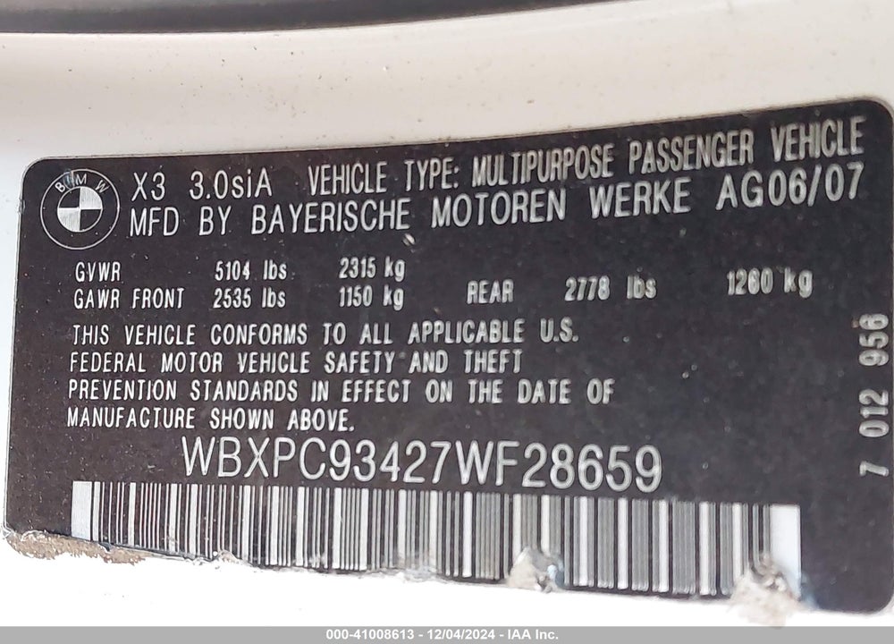 2007 BMW X3 3.0SI VIN: WBXPC93427WF28659