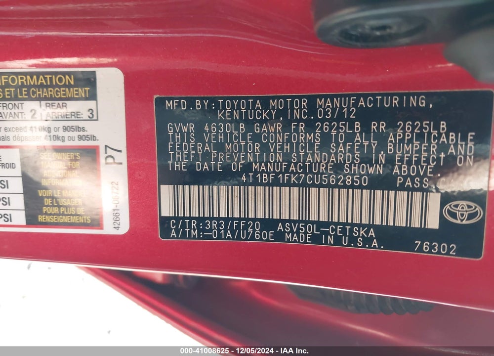 2012 TOYOTA CAMRY SE VIN: 4T1BF1FK7CU562850