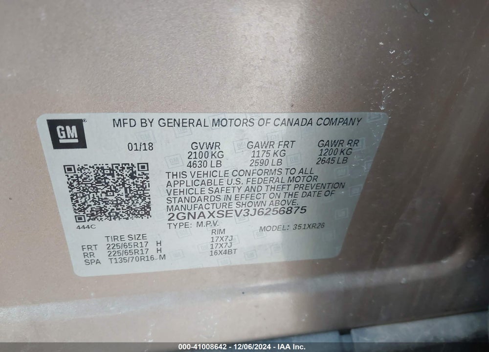 2018 CHEVROLET EQUINOX LT VIN: 2GNAXSEV3J6256875
