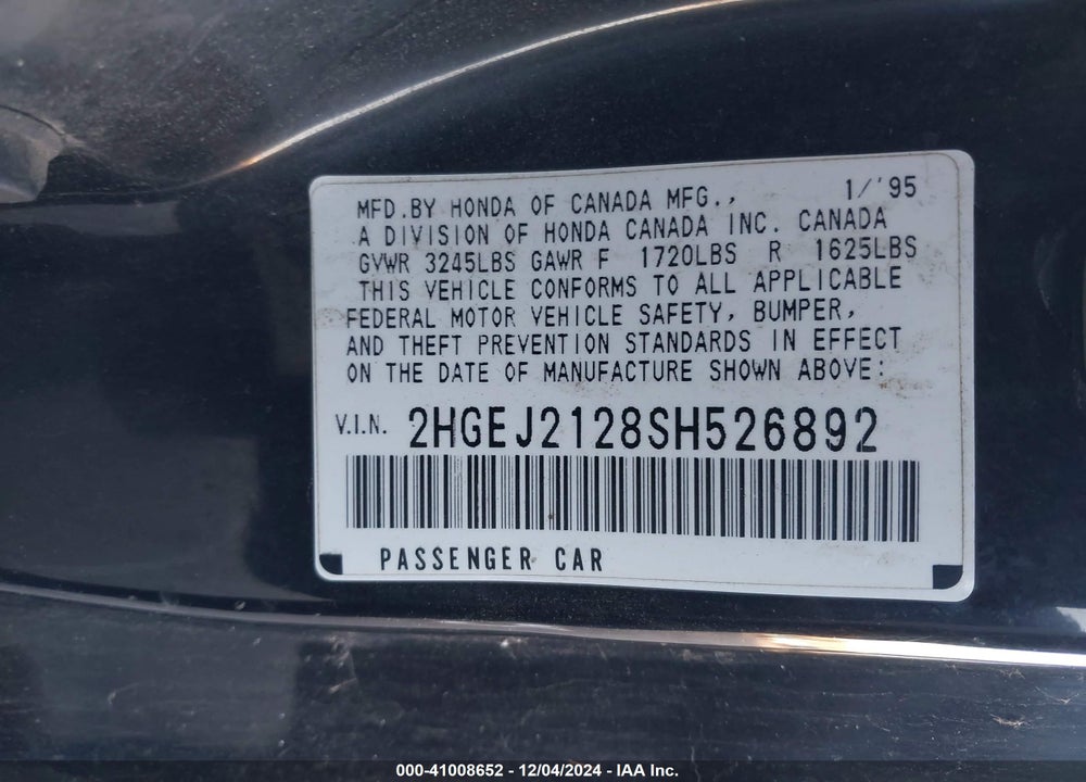 1995 HONDA CIVIC DX VIN: 2HGEJ2128SH526892