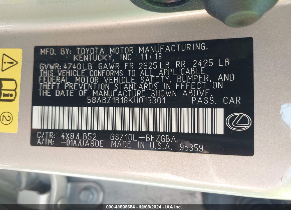 2019 LEXUS ES 350 LUXURY VIN: 58ABZ1B18KU013301