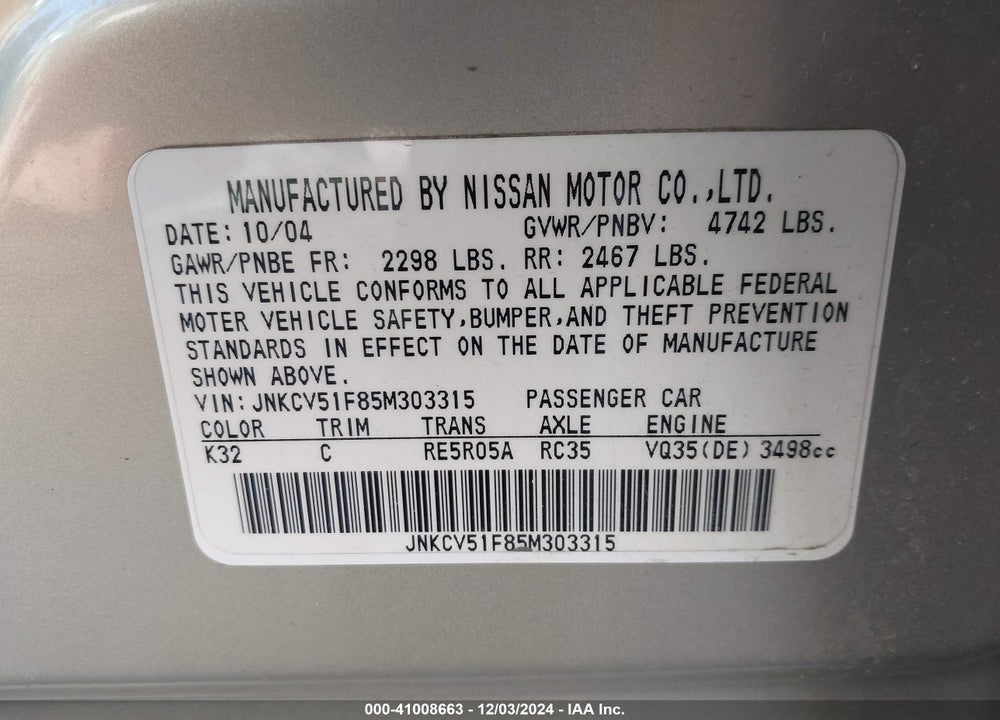 2005 INFINITI G35X VIN: JNKCV51F85M303315