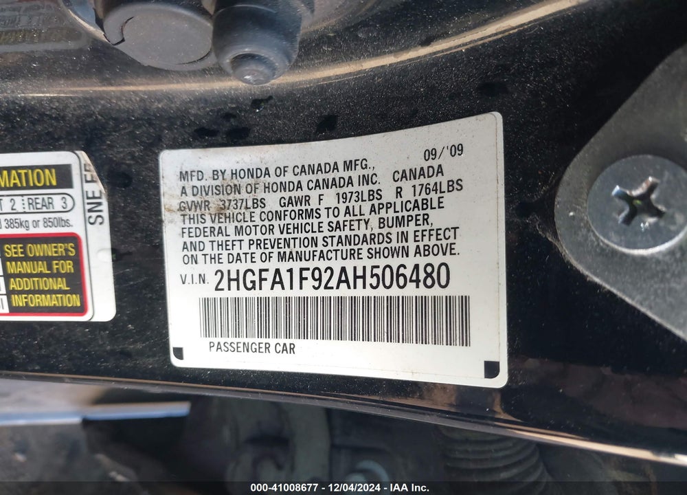2010 HONDA CIVIC EX-L VIN: 2HGFA1F92AH506480