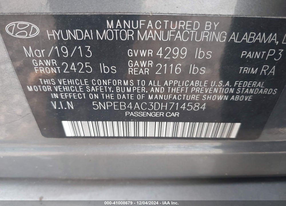 2013 HYUNDAI SONATA GLS VIN: 5NPEB4AC3DH714584