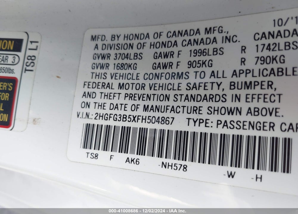 2015 HONDA CIVIC LX VIN: 2HGFG3B5XFH504867