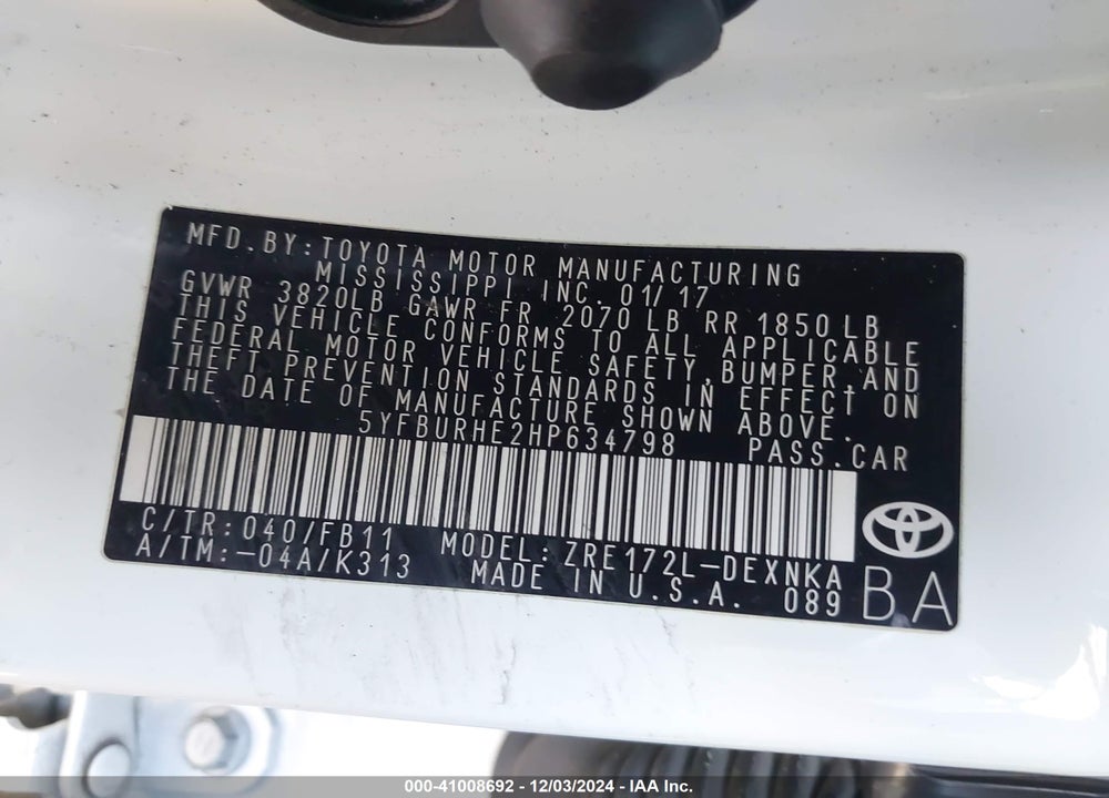 2017 TOYOTA COROLLA LE VIN: 5YFBURHE2HP634798