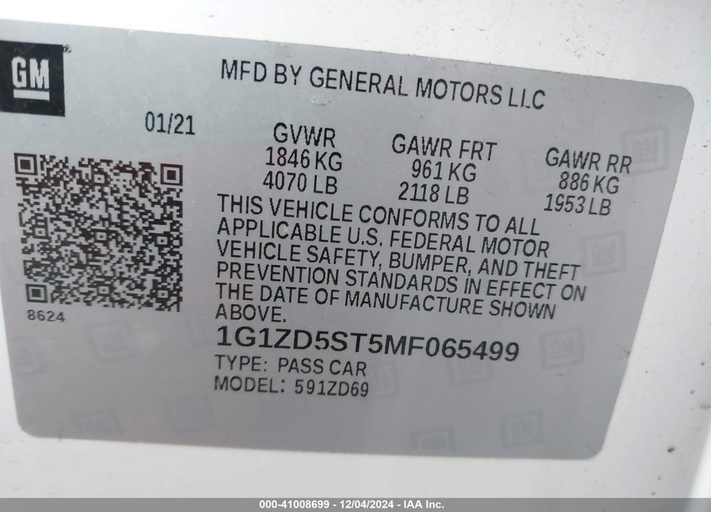 2021 CHEVROLET MALIBU VIN: 1G1ZD5ST5MF065499