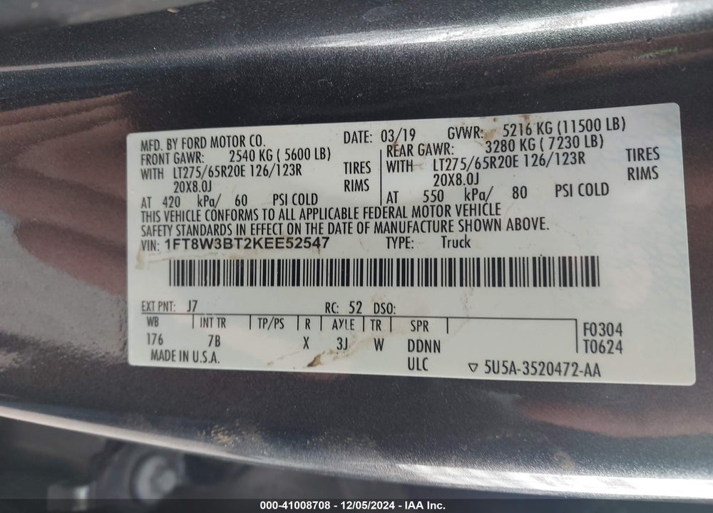 2019 FORD F-350 PLATINUM VIN: 1FT8W3BT2KEE52547