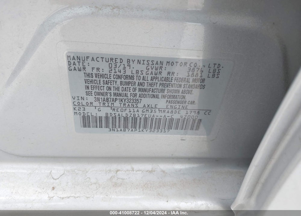 2019 NISSAN SENTRA VIN: 3N1AB7AP1KY323357