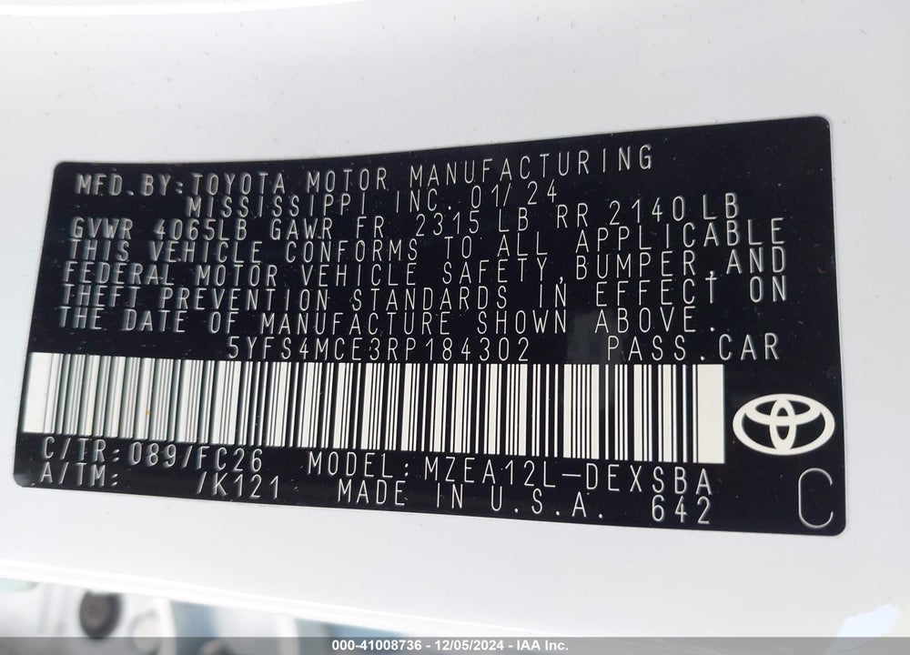 2024 TOYOTA COROLLA VIN: 5YFS4MCE3RP184302
