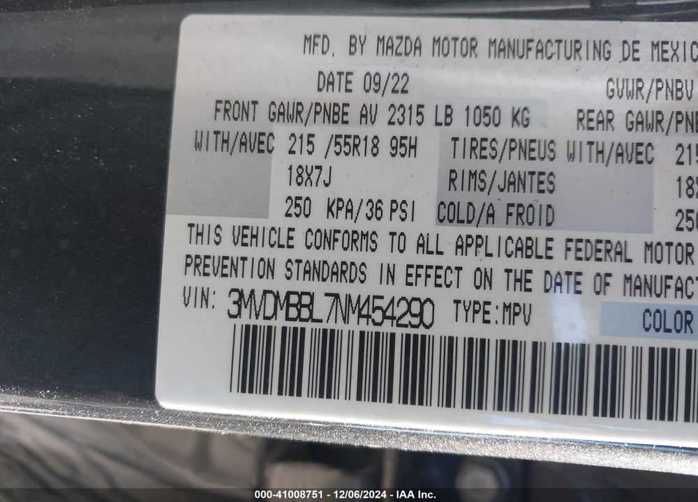 2022 MAZDA CX-30 SELECT VIN: 3MVDMBBL7NM454290