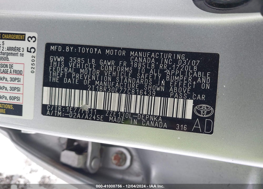 2007 TOYOTA COROLLA VIN: 2T1BR30E77C816439