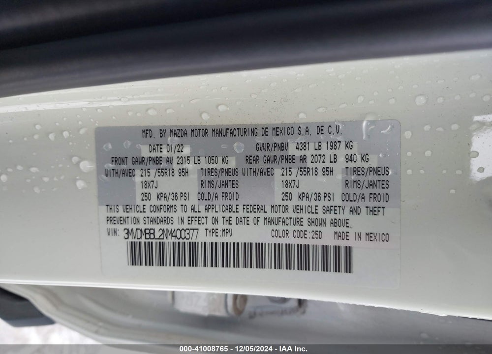 2022 MAZDA CX-30 SELECT VIN: 3MVDMBBL2NM400377