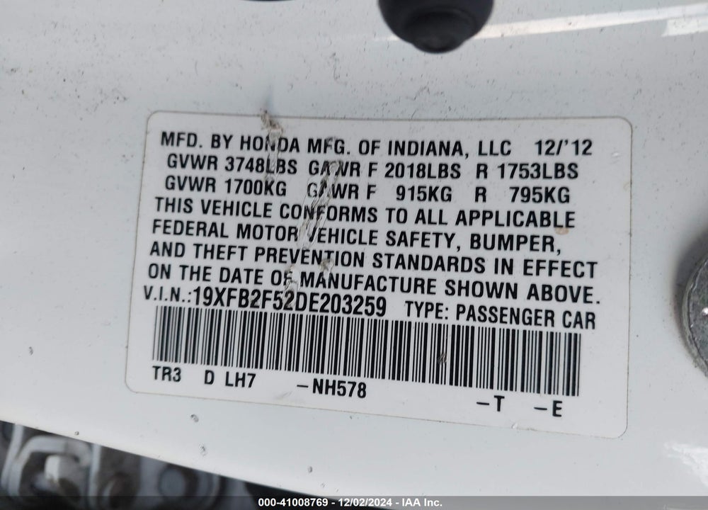 2013 HONDA CIVIC LX VIN: 19XFB2F52DE203259