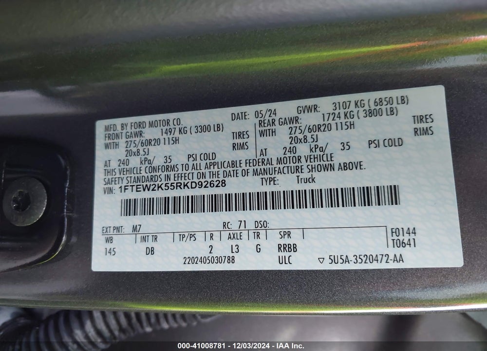2024 FORD F-150 STX VIN: 1FTEW2K55RKD92628