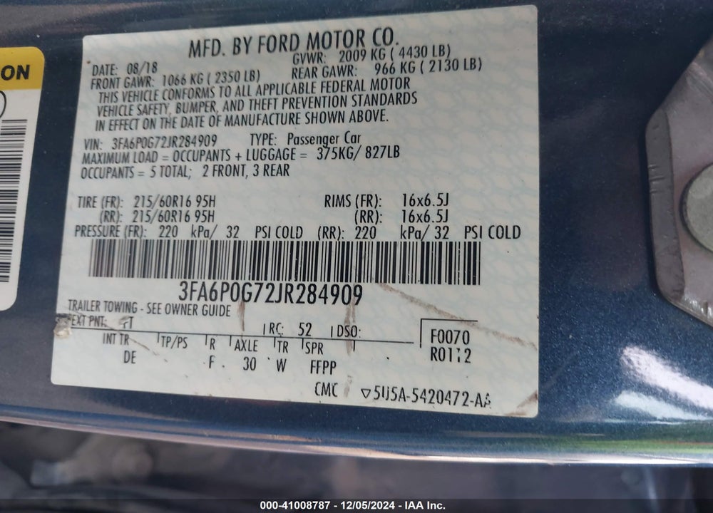 2018 FORD FUSION VIN: 3FA6P0G72JR284909