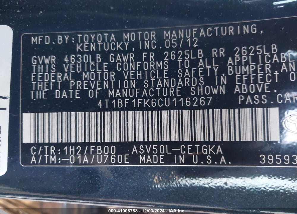 2012 TOYOTA CAMRY XLE VIN: 4T1BF1FK6CU116267